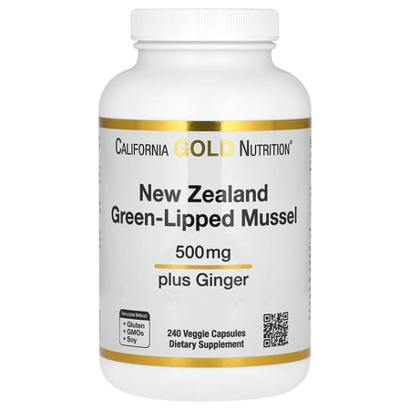 California Gold Nutrition New Zealand Green-Lipped Mussel with Ginger Extract, 500 mg, 240 Veggie Capsules