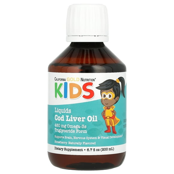 California Gold Nutrition Norwegian Kids Cod Liver Oil, Natural Strawberry, 6.7 fl oz. (200 ml)
