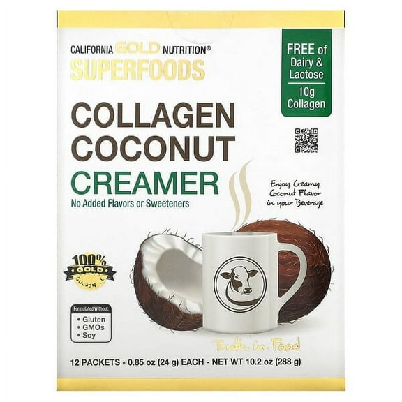 California Gold Nutrition, Superfoods, Collagen Coconut Creamer, Unsweetened, 12 Packets 0.85 oz Pack of 4