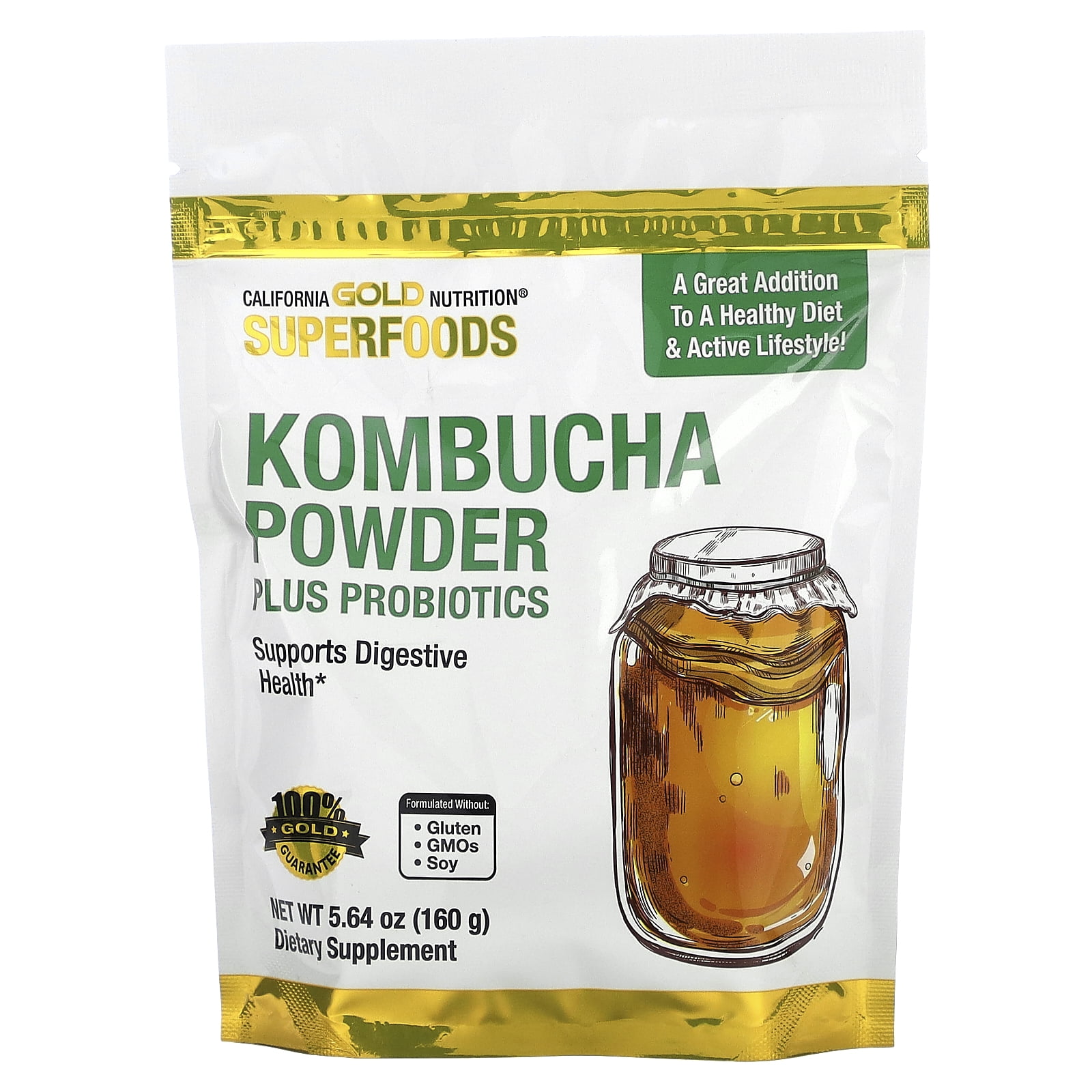 California Gold Nutrition Superfoods, Kombucha Powder with Kombucha, Brewed Apple Cider Vinegar and Soluble Tapioca Fiber Plus Probiotics, 5.64 oz (160 g)