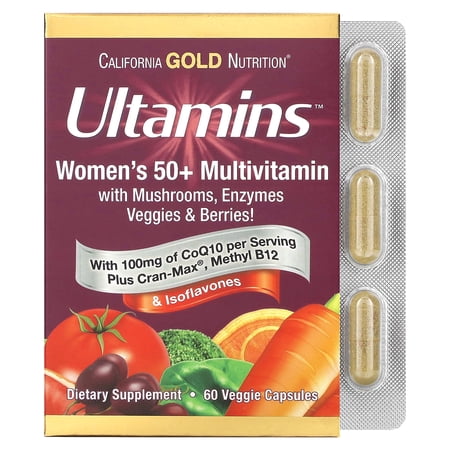 California Gold Nutrition Ultamins Women's 50+ Multivitamin with CoQ10, Mushrooms, Enzymes, Veggies & Berries, 60 Veggie Capsules
