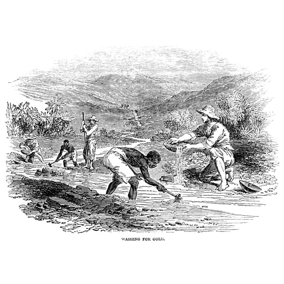 California Gold Rush 1849. N'Washing For Gold.' Wood Engraving American 1849. Poster Print by