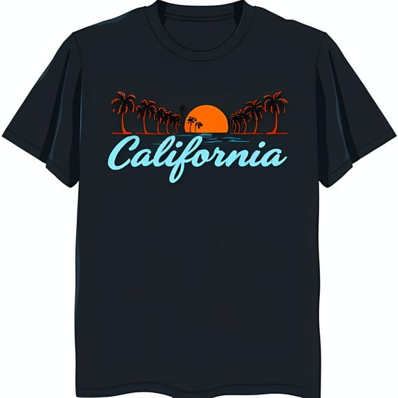 California Graphic Black T-Shirt with Trees & Sun Design