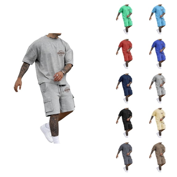 California Graphic Short Sets for Men Relaxed Fit Crewneck T Shirt and Cargo Shorts 2 Piece Matching Set Mens Summer Outfits