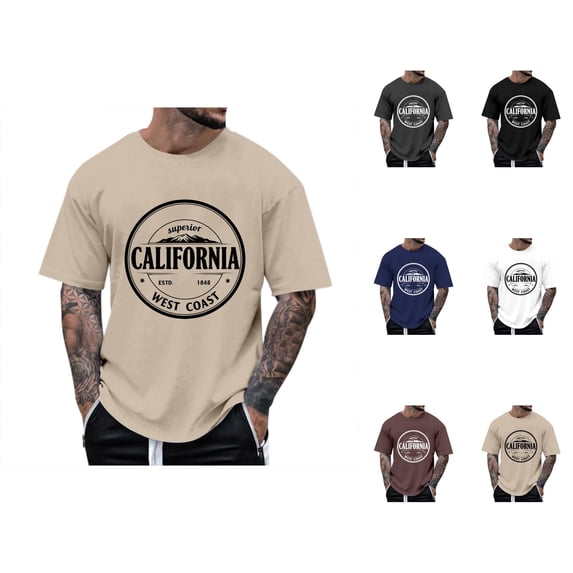 California Graphic Tees for Men 2026 Summer Casual Short Sleeve Crewneck T Shirts West Coast Streetwear