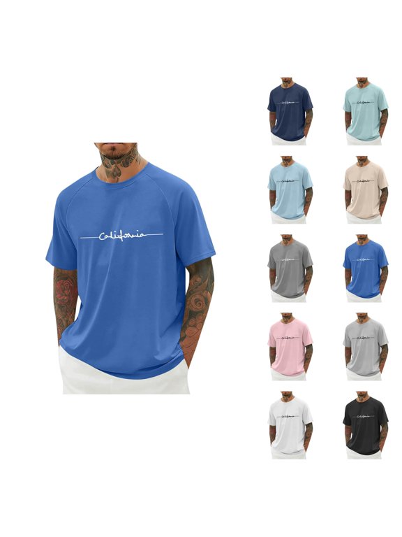 California Graphic Tees for Men Summer Casual Short Raglan Sleeve Crewneck T Shirts West Coast Streetwear,Blue,XXL