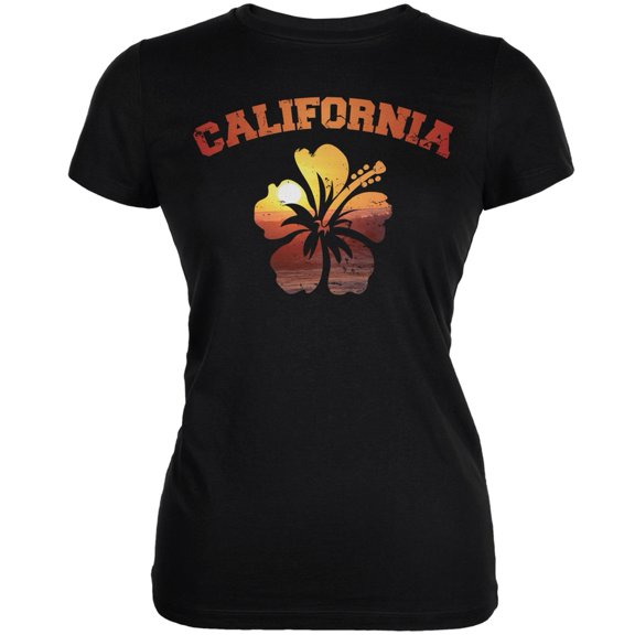 California Hibiscus Black Juniors Soft T-Shirt - Medium