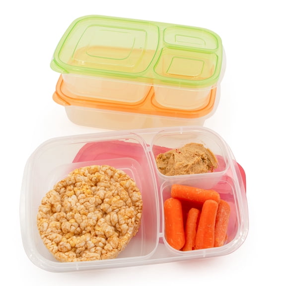California Home Goods 3-Section Reusable Plastic Meal Prep Portion Control Containers with Lids, 3pk