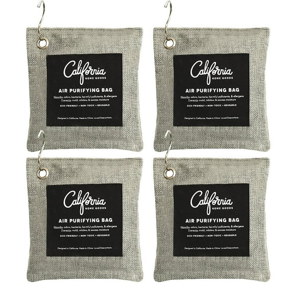California Home Goods 4 Pack with Hooks - 200g Activated Bamboo Deodorizer Natural, Air Purifying Bags, Dehumidifier, Odor Absorber, Odor Neutralizer for Home, Shoes, Car, Charcoal Colored, by