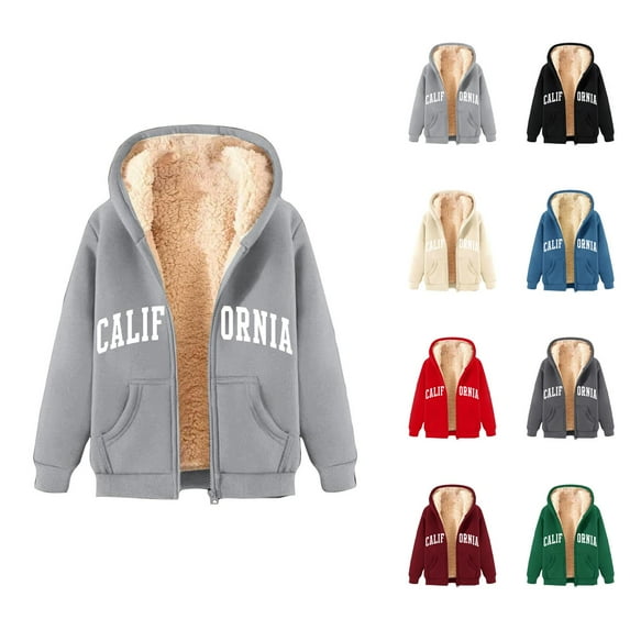 California Hoodie Fall Winter Fleece Lined Zip Up Hoodies with Pocket Streetwear Hooded Sweatshirt Hoodie Women Jacket