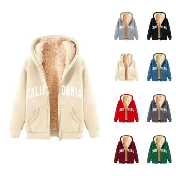 California Hoodie Fall Winter Fleece Lined Zip Up Hoodies with Pocket Streetwear Hooded Sweatshirt Hoodie Women Jacket