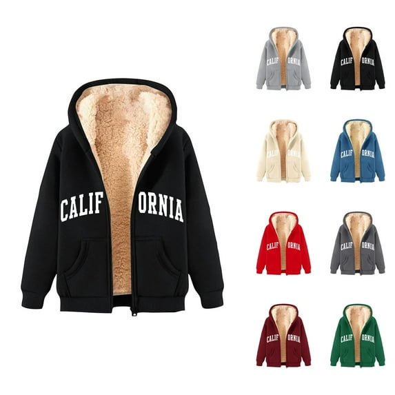 California Hoodie Fall Winter Fleece Lined Zip Up Hoodies with Pocket Streetwear Hooded Sweatshirt Hoodie Women Jacket