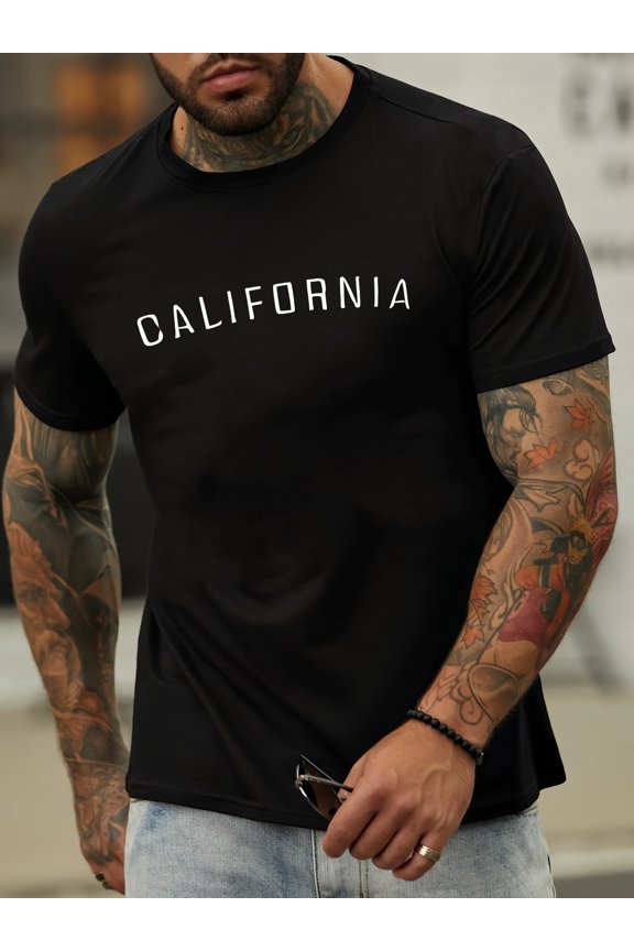 California-Inspired Men's Fashion T-Shirt with Fun English Print - Casual Round Neck, Breathable Polyester, Perfect for Spring & Summer