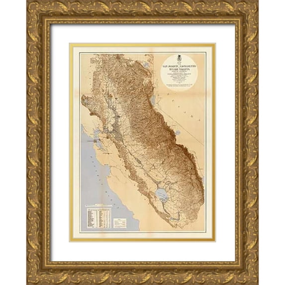 California Irrigation Commission 24x32 Gold Ornate Wood Framed with Double Matting Museum Art Print Titled - Map of The San Joaquin, Sacramento and Tulare Valleys, 1873