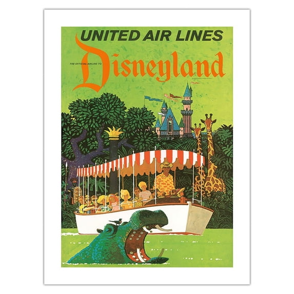 California - Jungle Cruise Hippo - United Air Lines - Vintage Airline Travel Poster by Stan Galli c.1960s - Bamboo Fine Art 290gsm Paper Print (Unframed) 18x24in