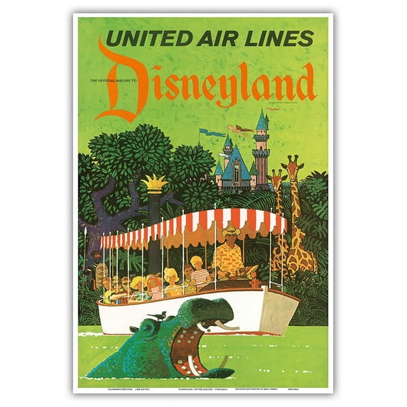 California - Jungle Cruise Hippo - United Air Lines - Vintage Airline Travel Poster by Stan Galli c.1960s - Master Art Print (Unframed) 13in x 19in
