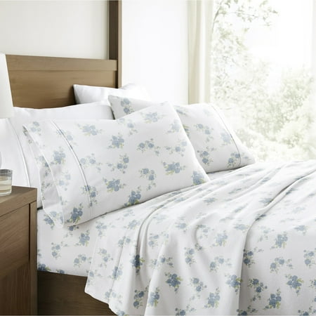100% Cotton Flannel Bed Sheets Set for Cal King Size Bedding in Rose Bunch Light Blue by Comfort Canopy