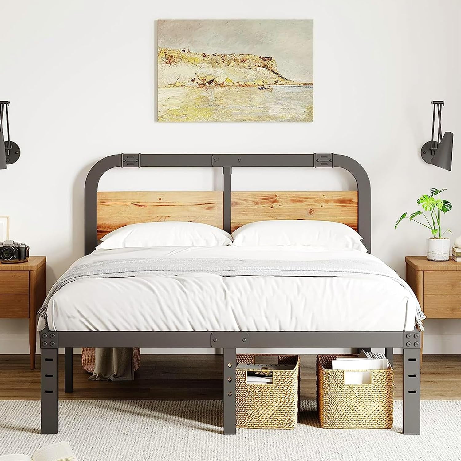 California King Bed Frame 14 Inch Rustic Wood Headboard, Heavy Duty