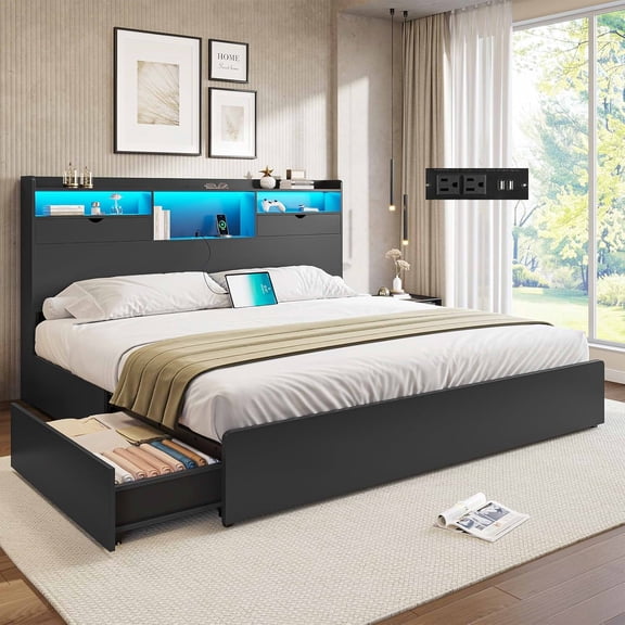 California King Bed Frame with 4 Storage Drawers&Bookcase Headboard, Black Platform Bed Frame with Charging Station and LED Lights, Modern Storage Beds, No Noise, Black