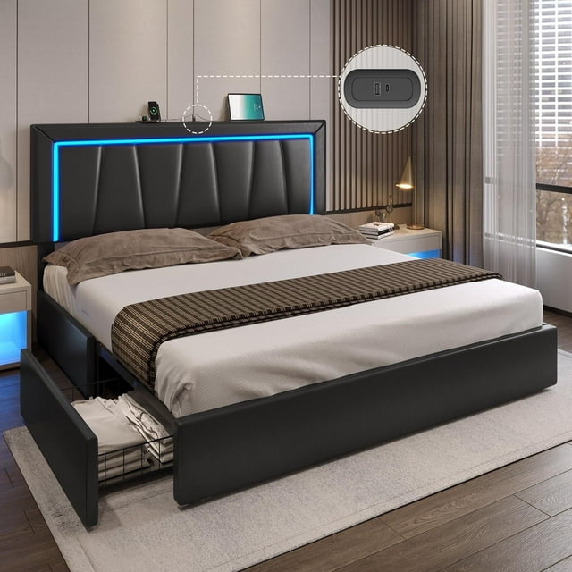 California King Bed Frame with 4 Storage Drawers & USB Ports & LED Headboard, Faux Leather Upholstered Platform Bed Frame with 3 Side Light Strip, No Spring Needed, Black
