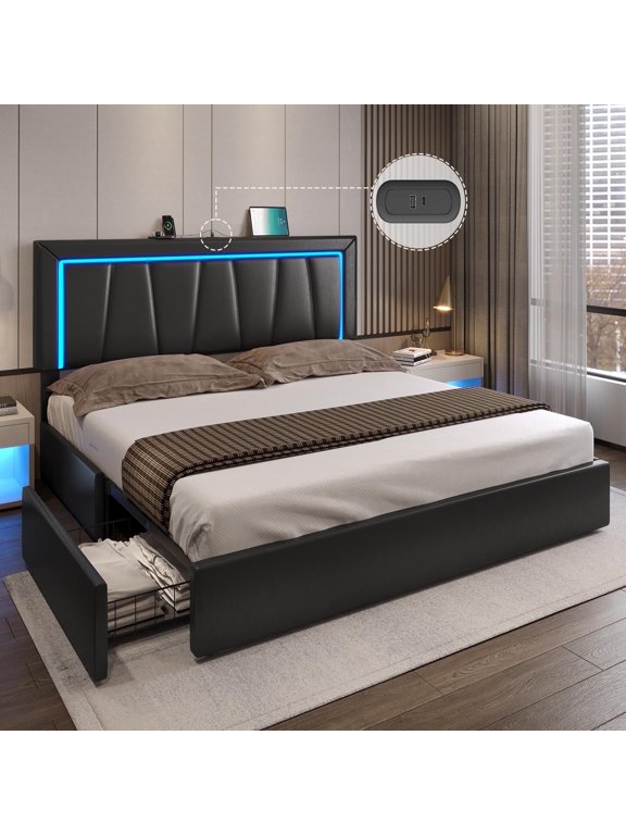 California King Bed Frame with 4 Storage Drawers & USB Ports & LED Headboard, Faux Leather Upholstered Platform Bed Frame with 3 Side Light Strip, No Spring Needed, Black