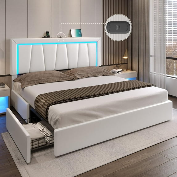 California King Bed Frame with 4 Storage Drawers & USB Ports & LED Headboard, Faux Leather Upholstered Platform Bed Frame with 3 Side Light Strip, No Spring Needed, White
