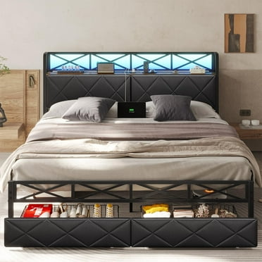 California King Bed Frame with Hidden Storage and 2 Drawers,Metal Platform Bed with Led Lights and Charging Station,Led Bed Frame with Upholstered Headboard,No Box Spring Needed,Black