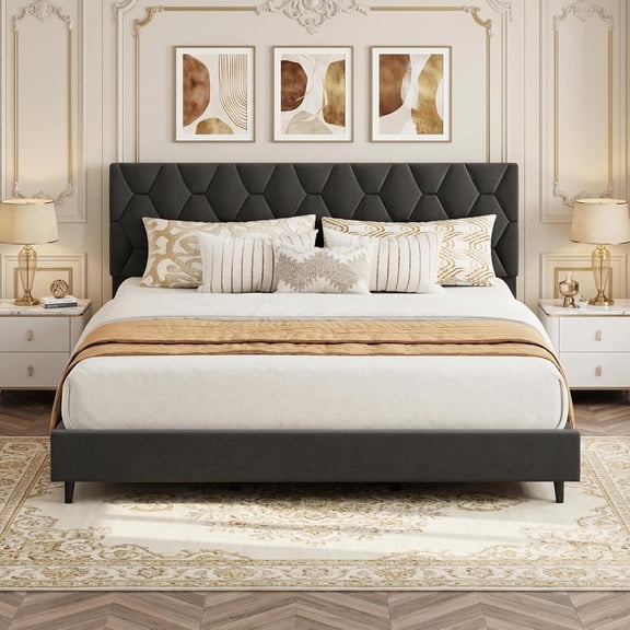 California King Bed Frame, Platform Bed Frame with Upholstered Adjustable Headboard, Mattress Foundation with Strong Wooden Slats Support, No Box Spring Needed, Noise Free, Easy Assembly, Gray