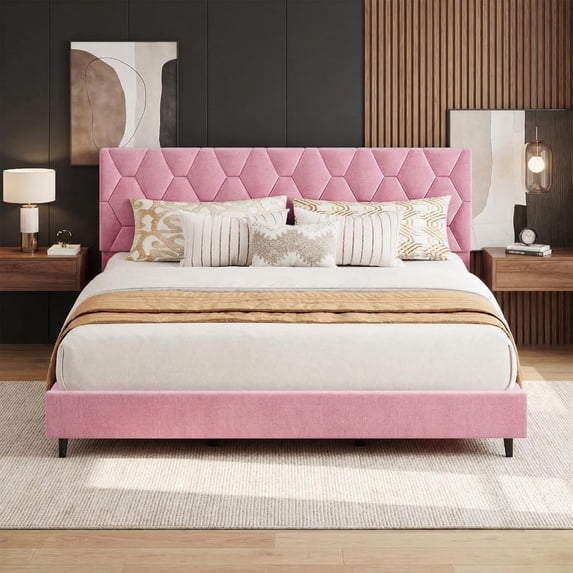 California King Bed Frame, Platform Bed Frame with Upholstered Adjustable Headboard, Mattress Foundation with Strong Wooden Slats Support, No Box Spring Needed, Noise Free, Easy Assembly, Pink