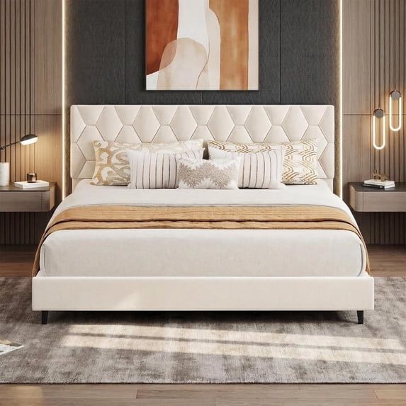 California King Bed Frame, Platform Bed Frame with Upholstered Adjustable Headboard, Mattress Foundation with Strong Wooden Slats Support, No Box Spring Needed, Noise Free, Easy Assembly, Beige