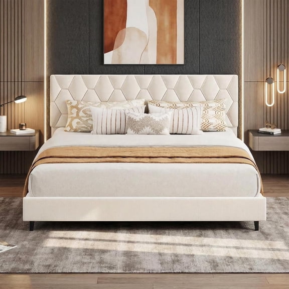 California King Bed Frame, Platform Bed Frame with Upholstered Adjustable Headboard, Mattress Foundation with Strong Wooden Slats Support, No Box Spring Needed, Noise Free, Easy Assembly, Beige