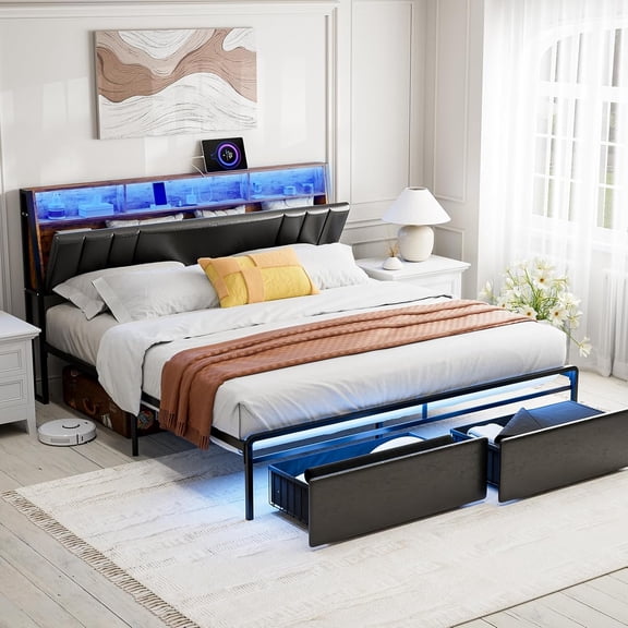 California King Bed Frames with Ergonomic Hidden Storage headboard & Dustproof Drawers, Upholstered Cal King Platform Bed with LED Lights and Charging Station, No Box Spring Needed, Black