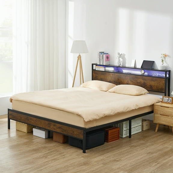 California King Bed Frames with Storage, Cali King Size Bed Frame with Headboard, Cal King Platform Bed with Power Outlets, USB Ports Charging Station and LED Lights, No Noise, No Box Springs Needed