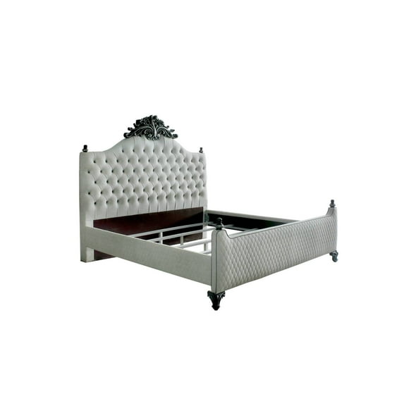 California King Bed, Two Tone Ivory Fabric & Charcoal Finish