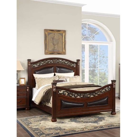 California King Bed with Padded Headboard and Footboard, Dark Cherry Finish, Traditional Style, Extra Cushioning, Wooden Frame