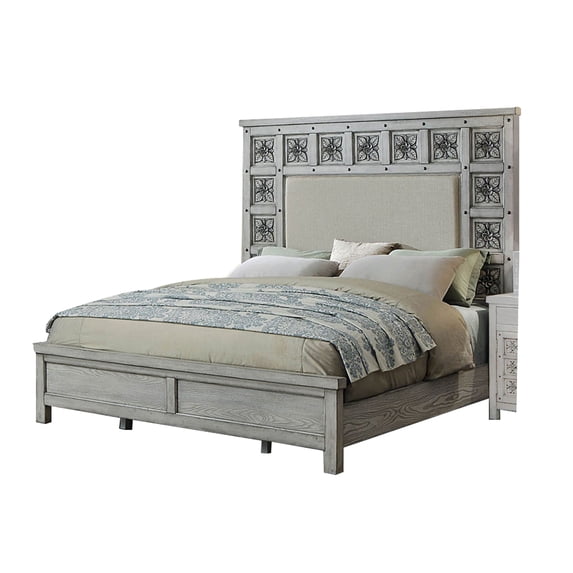 Benjara California King Bed with Polyresin Foliage Inlay, Antique White and Beige