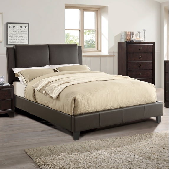 California King Brown Faux Leather Bed Frame - Modern Bedroom Furniture, Upholstered Headboard, Pine Wood, No Box Spring Needed, 72x84"