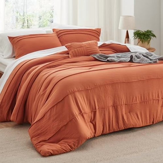 California King Comforter Set - 4 Pieces Pinch Pleat Bed Set, Burnt Orange Boho Bedding for All Season, 1 Soft Comforter, 2 Pillowcases, 1 Decorative Pillow
