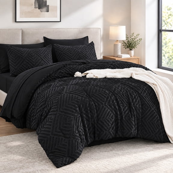 California King Comforter Set 7 Pieces Black Bedding Bundle Includes Comforter & Accessories