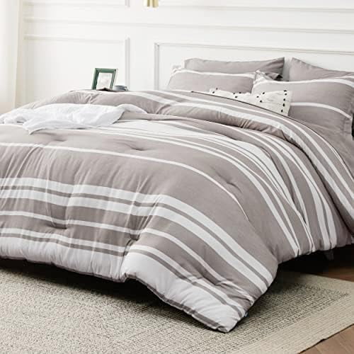 California King Comforter Set 7 Pieces, Taupe Striped Bedding Set for All Seasons, Reversible, Cationic Dyeing Bed in a Bag with Comforter, Sheets, Pillowcases & Shams