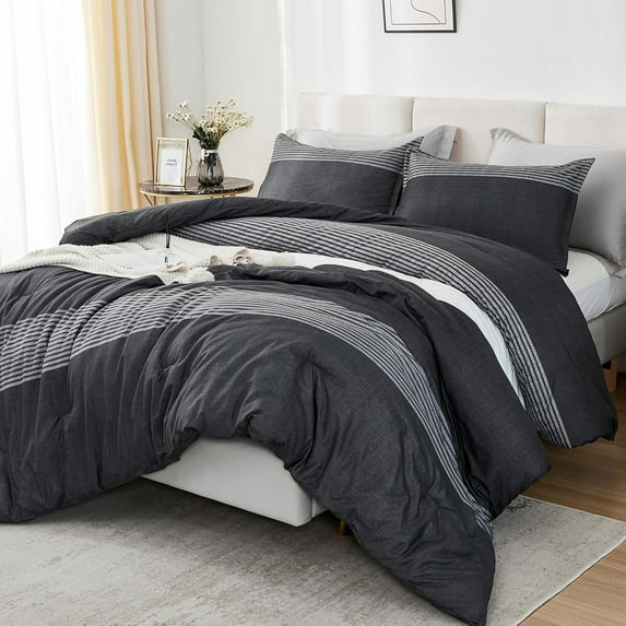 California King Comforter Set Black White Grey - 3 Pieces Cal King Oversized Lightweight Colorblock Stripe Bedding Set (104x96In, 2 Pillowcases)