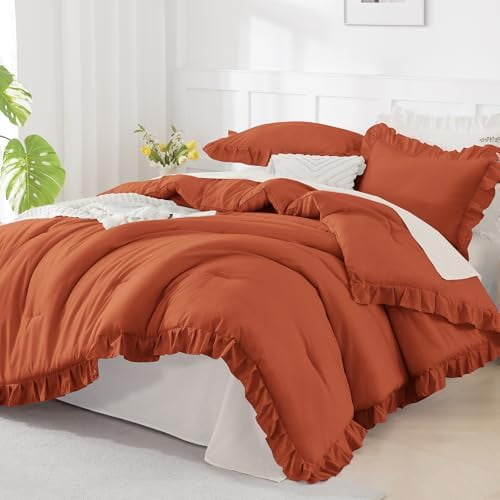 California King Comforter Set Burnt Orange (104x96Inch), 3 Pieces Cal King Ruffle Comforter, Oversized Farmhouse Shabby Chic Bed Comforter, Lighteweight and Soft Microfiber Bedding Set