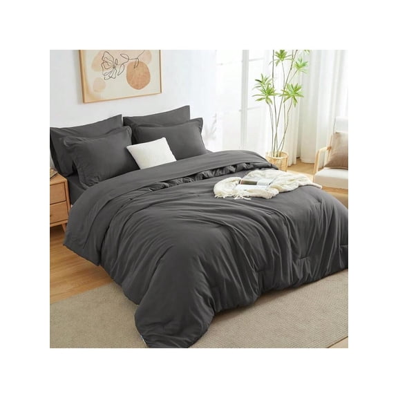 California King Comforter Set Dark Grey 7 Pieces Cal King Bed In A Bag Soft Lightweight Bedding Set All Season Bed Set With Comforter Flat Sheet Fitted Sheet Pillowcases Pillow Shams