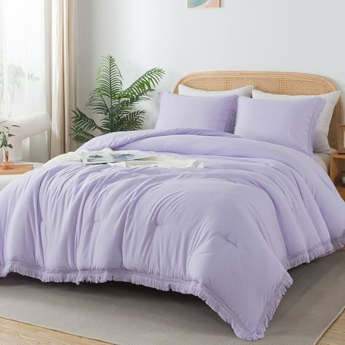 California King Comforter Set Lavender - Purple 3 Pieces Cal King Boho Lightweight Bedding Comforter Sets, Oversized All Season Tassel Soft Fluffy Bed Set (104x96In Comforter & 2 Pillowcases)