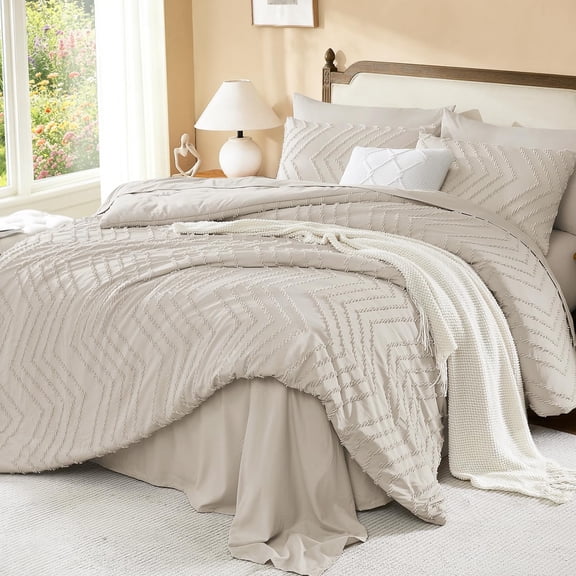 California King Comforter Set with Sheets Dark Oatmeal 7 Piece Chevron Tufted Bedding Set