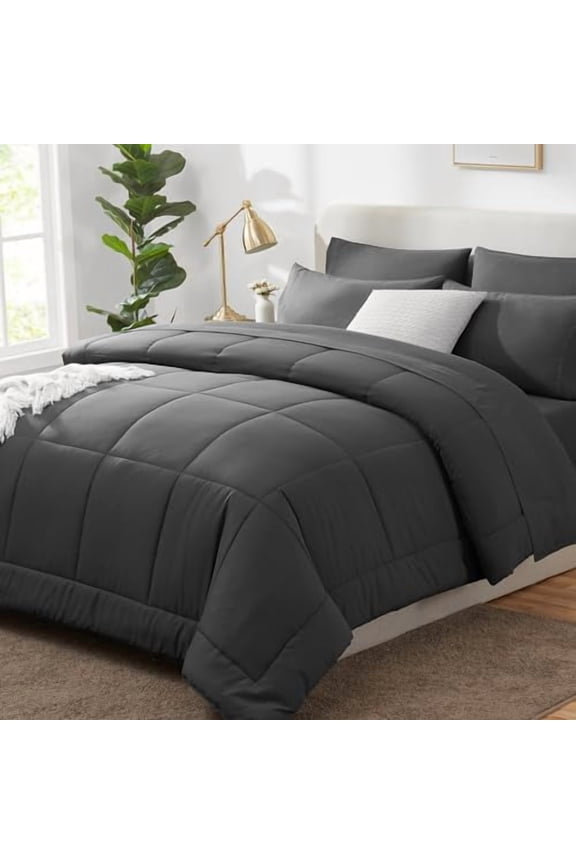 California King Comforter Sets Dark Grey, 7 Pieces Cal King Bed in a Bag, All Season Bedding Sets with Stitch Quilted Comforter, Flat Sheet, Fitted Sheet, Pillowcases