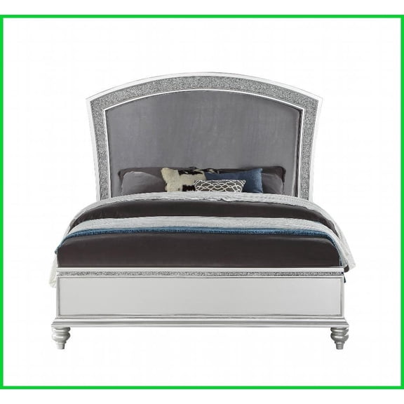 California King Fabric Panel Bed with Rhinestone Headboard - Platinum Finish for Sophisticated Bedrooms