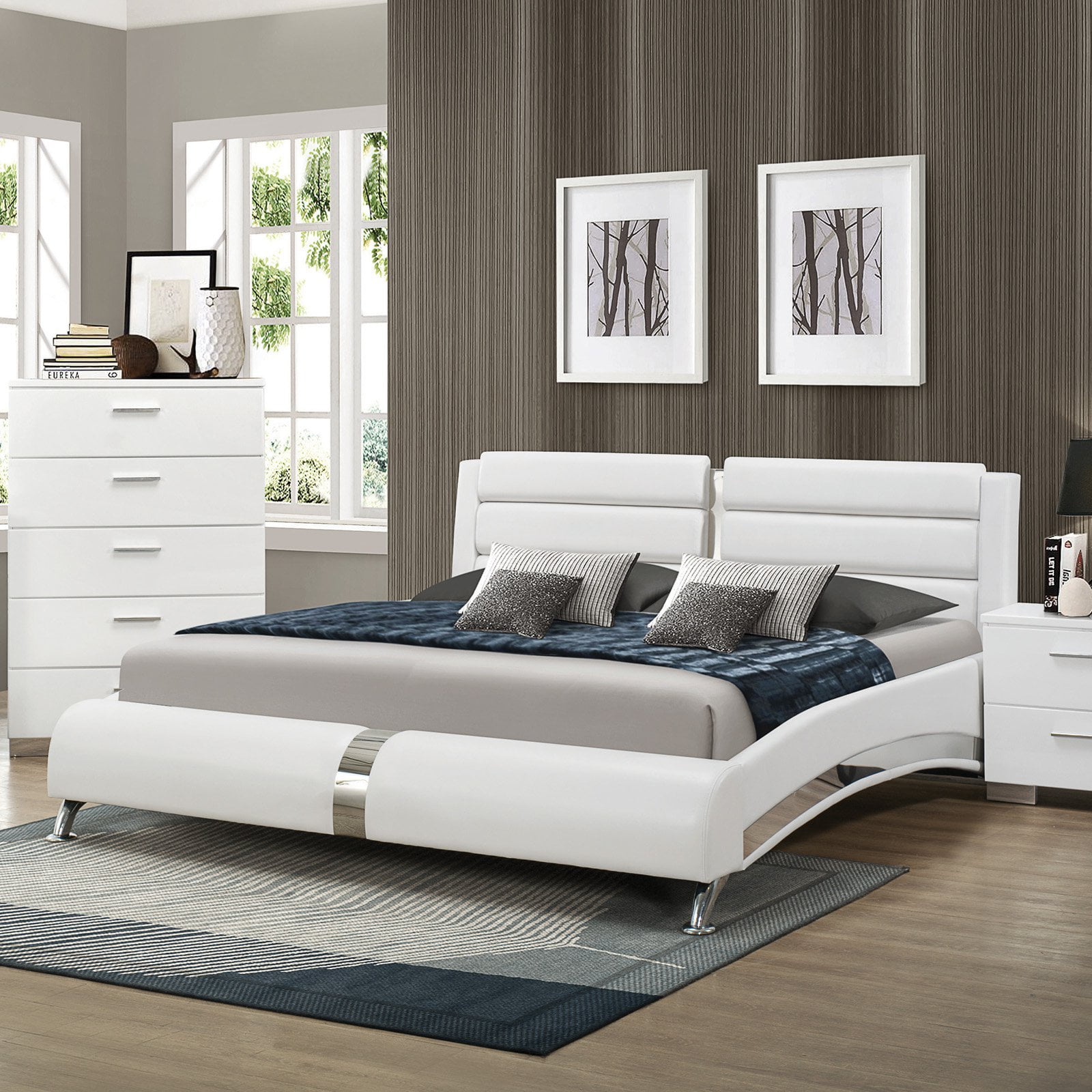 Sleek Chrome-Accented California King Bed with White Faux Leather Upholstery