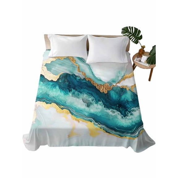 California King Flat Sheet 108"x98", Abstract Marble Soft Lightweight Bedding Flat Sheets Only, Turquoise Abstract Golden Foil Texture Brushed Microfiber Top Bed Sheet, Breathable Bedsheets