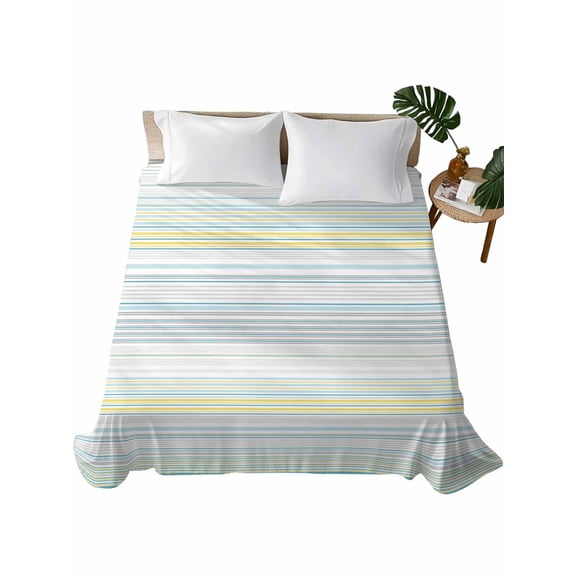 California King Flat Sheet 108"x98", Aqua Yellow Stripe Soft Lightweight Bedding Flat Sheets Only, Abstract Art Modern Vertical Striped Brushed Microfiber Top Bed Sheet, Breathable Bedsheets